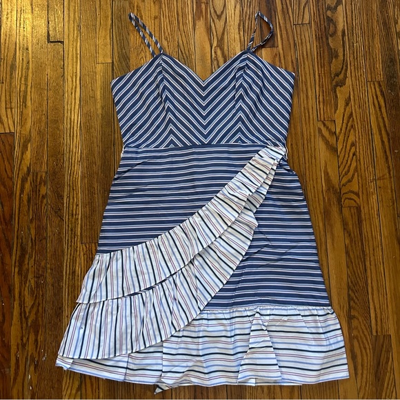 PARKER Brooklyn Poplin Ruffle Dress Blue Pink Size 6 - Picture 1 of 5